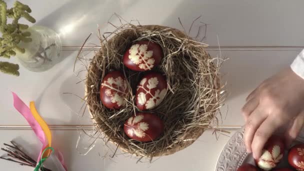 Руки Кладуть Домашні Великодні Яйця Пофарбовані Цибулею Шкіркою Візерунком Трав — стокове відео