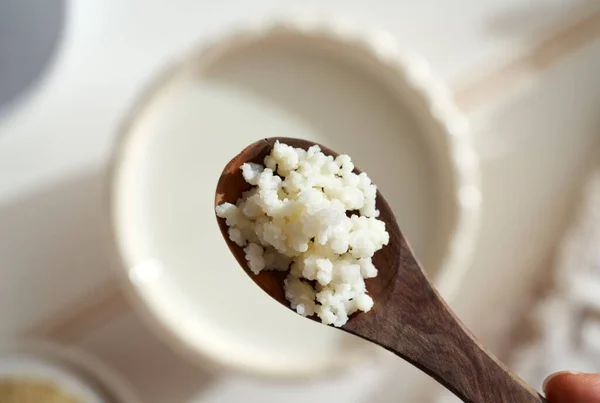 Los Granos Frescos Del Kéfir Leche Cuchara Preparación Bebida Casera — Foto de Stock