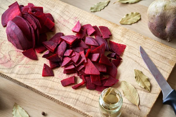 Cut Red Beets Bay Leaf Allspice Preparation Homemade Fermented Kvass — Stock Photo, Image