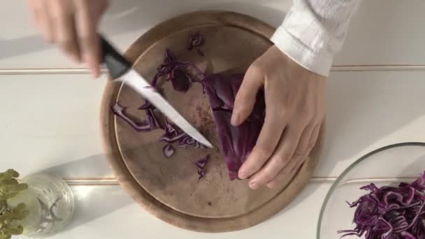 Masanın Üzerinde Mor Lahana Kesen Kadın Elleri Üst Manzara — Stok video