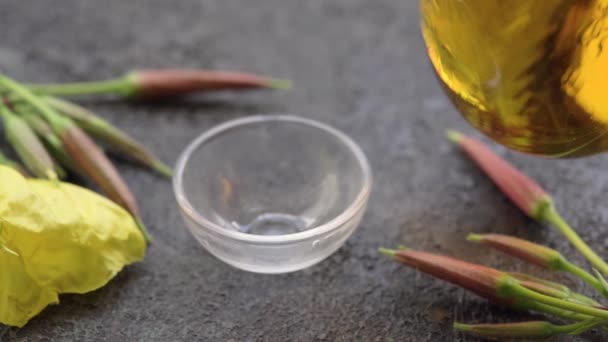 Verter Aceite Onagra Una Botella Tazón Con Flores Frescas Oenothera — Vídeos de Stock