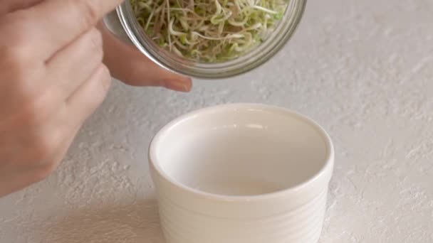 제충국 콩나물이나 단지에서 야채를 그릇에 담근다 — 비디오