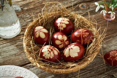 Paskalya yumurtaları soğan kabuklarıyla boyanmış hasır bir sepette taze otlar ve arka planda kar damlaları var.