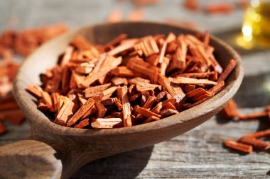 Tahta kaşıkta kırmızı sandal ağacı parçaları. Yaklaş.