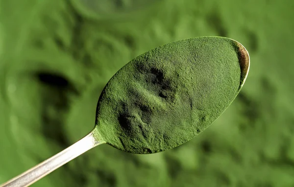 Green chlorella algae powder on a spoon above green background, top view