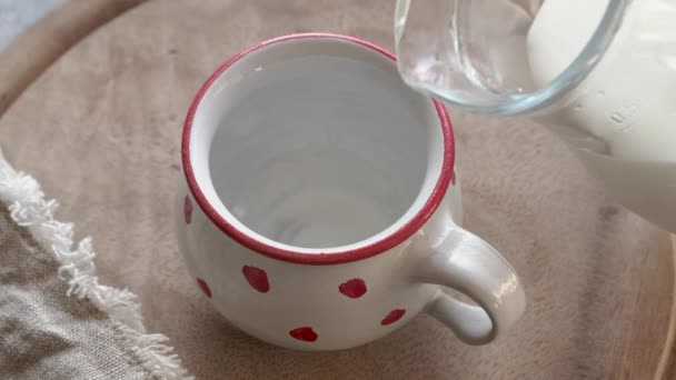 Pouring Homemade Kefir White Red Dotted Cup Table — Stock Video