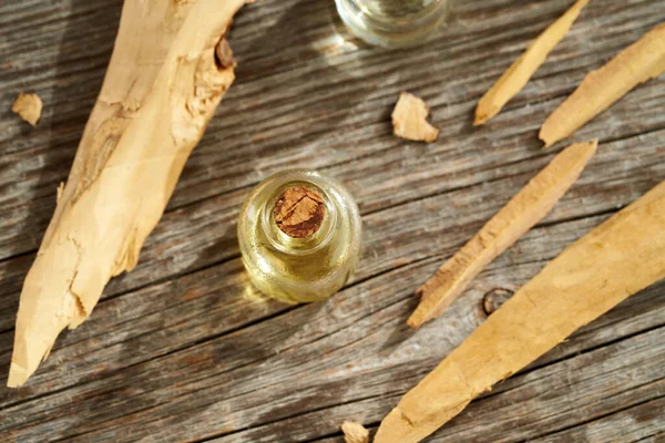 Een Fles Aromatherapie Etherische Olie Met Witte Sandelhoutstukjes — Stockfoto