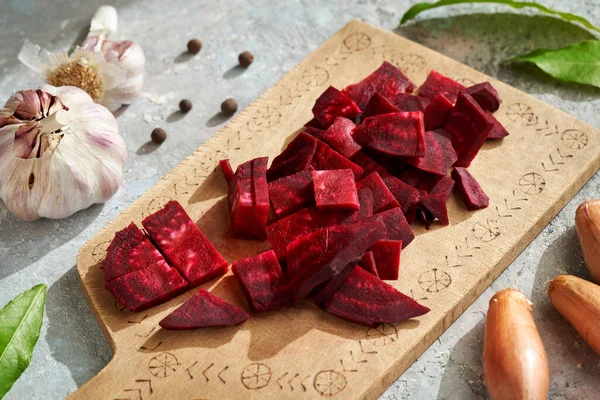 Sliced Red Beets Onion Garlic Spices Ingredients Prepare Fermented Kvass — Stock Photo, Image