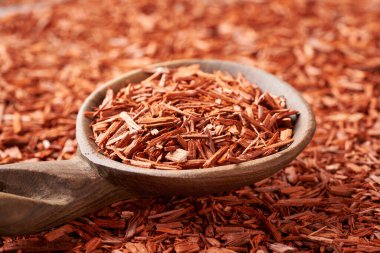 Kaşığın üzerinde kırmızı sandal ağacı cipsi. Parfüm ve aroma terapisi için malzeme.