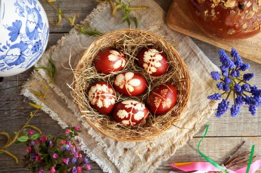Easter eggs dyed with onion peels with spring flowers and mazanec - traditional Czech sweet Easter pastry, top view clipart