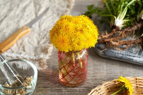 Blomstrende Mælkebøtter Vase Foråret Med Taraxacum Rod Baggrunden - Stock-foto