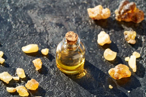 Bottle Frankincense Essential Oil Resin Dark Background — Stockfoto
