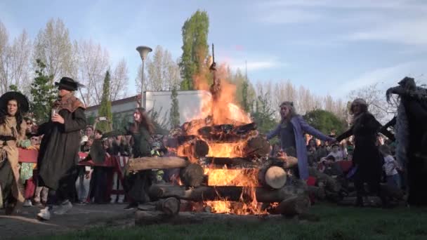 Prague Czech Republic April 2022 Bonfire Burning People Disguised Witches — Stockvideo