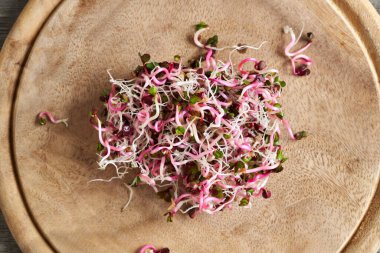 Tahta kesme tahtasının üzerinde taze pembe turp filizleri.