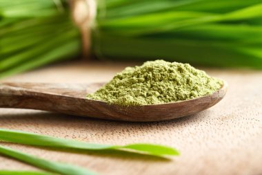 Bir kaşıkta yeşil arpa tozu, arka planda da taze biçilmiş bıçaklar.