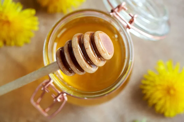 Honey Dipper Jar Syrup Made Fresh Dandelion Flowers Spring — Stockfoto