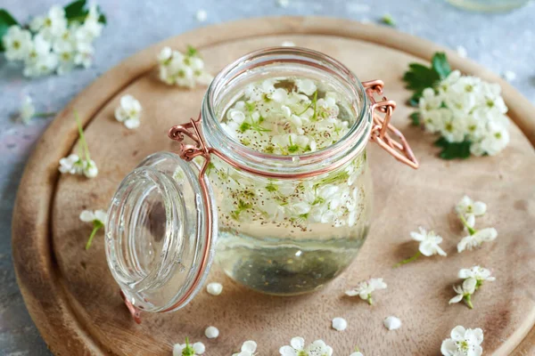 Glass Jar Filled Fresh Hawthorn Flowers Alcohol Preparation Homemade Herbal — 스톡 사진