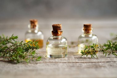 Bottles of aromatherapy essential oil with fresh thyme twigs on a wooden table