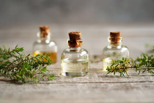 Aromaterapi şişeleri ahşap bir masada taze kekik dalları ile gerekli yağ