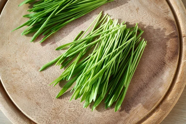 Frische Junge Grüne Gerstengrashalme Auf Dem Tisch Gesunde Nahrungsergänzung — Stockfoto