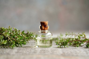 Taze kekik bitkisi ve fotokopi alanı olan gerekli bir yağ şişesi.