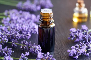 Kahverengi bir yağ şişesi ve gri arka planda taze açan lavanta dalları.