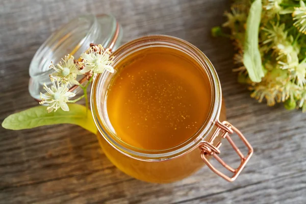 Glass Jar Honey Fresh Linden Flowers Table Spring - Stock-foto