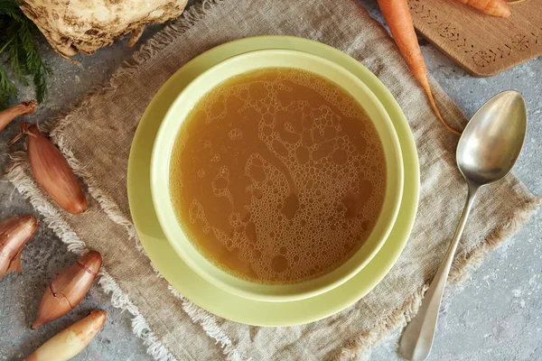 Beef Bone Broth Soup Green Soup Bowl Fresh Vegetables Top — Stockfoto