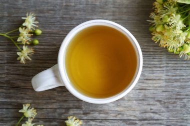 A cup of herbal tea with fresh linden or Tilia cordata flowers collected in spring
