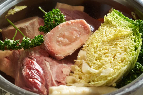 Ingredients Beef Broth Soup Marrow Bones Meat Fresh Vegetables Pot — Stock fotografie