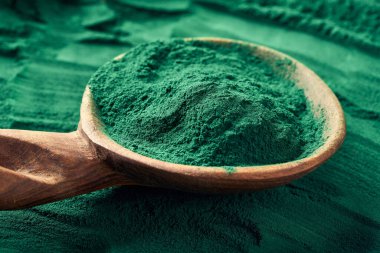 Close up of green spirulina algae powder on a wooden spoon - healthy food