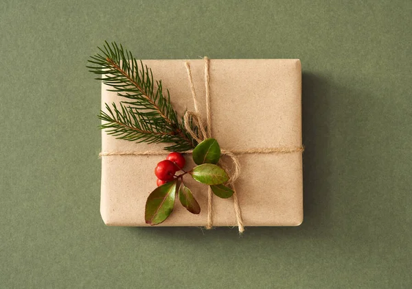 Top view of a Christmas present wrapped in ecological recycled paper with wintergreen and spruce on green background