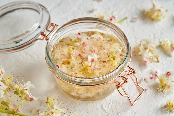 Transparent jar filled with horse chestnut blossoms collected in spring and alcohol - preparation of homemade herbal tincture