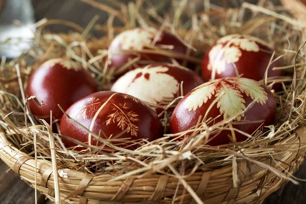 Paskalya Yumurtaları Soğan Kabuklarıyla Boyanmış Sepetin Içinde Otlar Var — Stok fotoğraf
