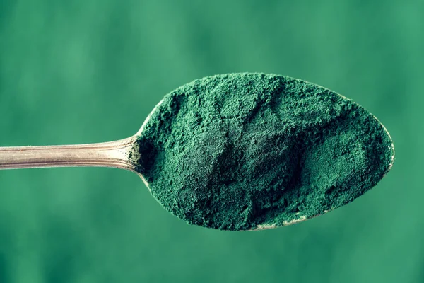 Green ground spirulina algae on a spoon, top view. Healthy nutritional supplement.