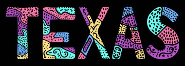 Teksas. Çoklu renkli karalama kontrastlı komik yazıları izole eder. Düzenli eğri harfler. Baskı, giysi, tişört, hatıra, pankart, ilan ve reklam için ABD 'nin Teksas eyaletinde. Stok vektör resmi.