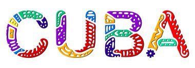 Küba. Çok renkli parlak izolasyon yazıtları. Renkli kavisler dekoratif karalama harfleri. Baskı, giysi, tişört, hatıra, broşür, afiş, ilan. Stok vektör resmi.