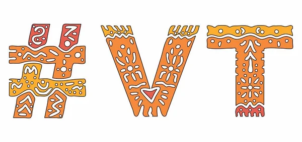 Vtハッシュタグ 民族の装飾と隔離されたテキスト パターン化されたハッシュタグ Vtは プリント Tシャツ ポスター バナー チラシのための米国の州バーモント州の略語です ストックベクトル画像 — ストックベクタ