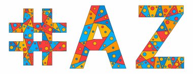 AZ Etiketi. Mozaik yalıtılmış metin. Üçgen, çokgen ve baloncuk parçalarından mektuplar. # AZ, ABD 'nin Arizona eyaletinin kısaltması. Baskı, giysi, tişört, poster, afiş, el ilanı..