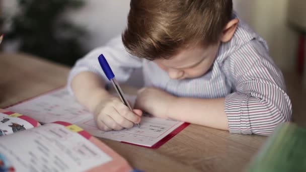 European Boy Doing His Homework Child Learns Write Letters First — Stock Video