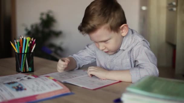 European Boy Tired Doing His Homework Child Feels Tired — Stock Video