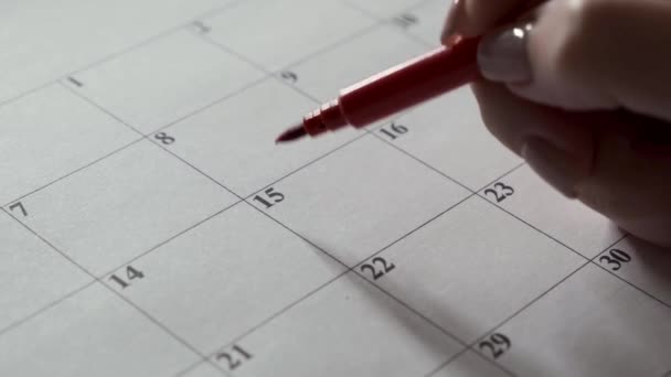 Hand Omcirkelt Datum Kalender Met Een Markering 15E Van Maand — Stockvideo
