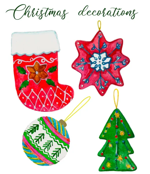 Watercolor Christmas decorations clip art, hand drawn christmas and New Year objects — Stock Photo, Image