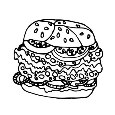 Vektör el hamburgerleri ve abur cuburları, fast food elementlerini, sandviçleri, sokak yemeklerini çekti.