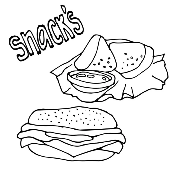 Vector Hand Drawn Burgers Snacks Objects Drawn Fast Food Elements — Vetor de Stock