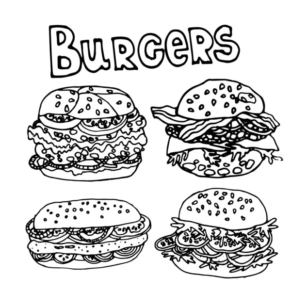 Vector Hand Drawn Burgers Snacks Objects Drawn Fast Food Elements — Vetor de Stock