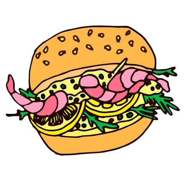 Vector hand drawn burgers and snacks objects, drawn fast food elements, sandwiches, street food, a burger with shrimp, colored doodle — Stockový vektor
