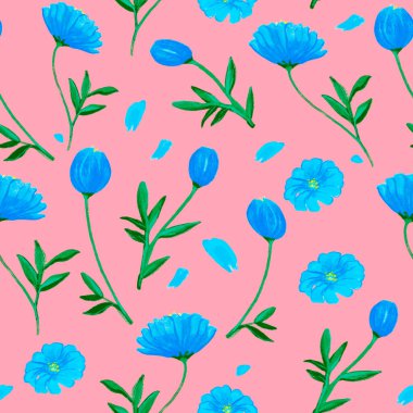 Hand drawn light blue flowers pink, flourish pattern, wildflowers, mild pink background