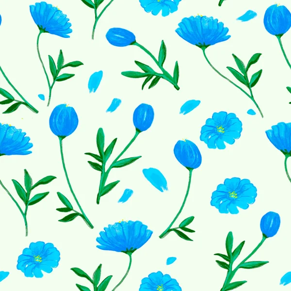 手绘浅蓝色花朵图案 繁茂的背景 孤立的 纺织品图案 — 图库照片