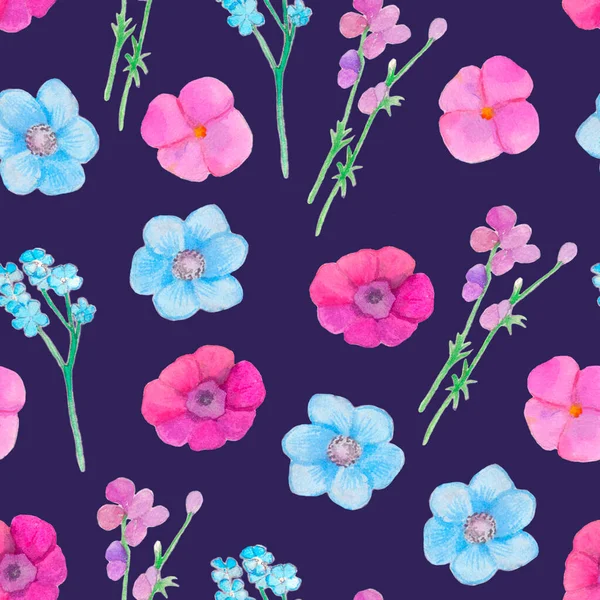 水彩多色の野花パターン黒 繁栄パターン パンジー観賞背景 水彩花 ピンクと青 — ストック写真